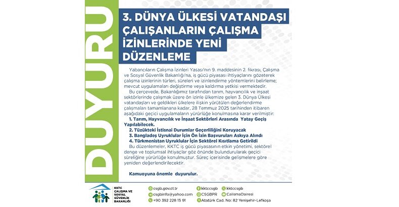 Çalışma Bakanlığı, üçüncü dünya ülkesi çalışanların çalışma izinlerine yeni düzenleme getirdi